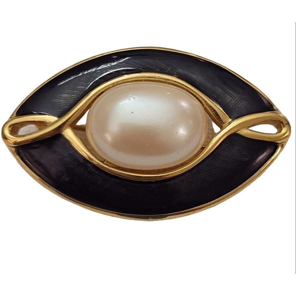 Monet Vintage Green Black Guilloche Style Enamel Faux Pearl Brooch, Signed K800